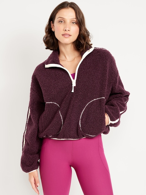 Loose Sherpa Quarter-Zip Pullover - Dark Sepia