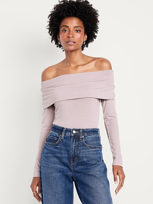 Image number 1 showing, Off-Shoulder Long-Sleeve Ribbed Top