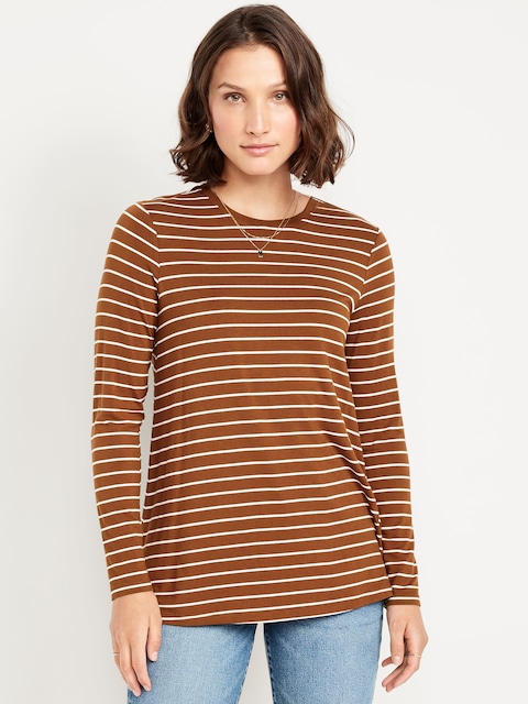 Luxe Long-Sleeve Crew-Neck Tunic - Brown Stripe
