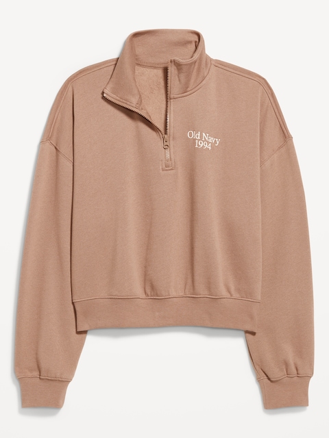 Oversized Logo-Graphic Cropped Half-Zip Pullover - Driftwood