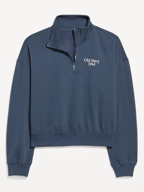 Oversized Logo-Graphic Cropped Half-Zip Pullover - Dusk Navy