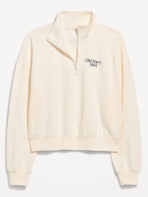 Oversized Logo-Graphic Cropped Half-Zip Pullover - Creme De La Creme