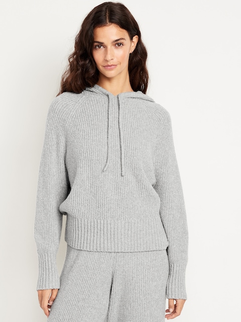 Chandail à capuchon en tricot bouclé - Gris Chiné Moyen