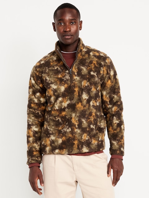Printed Sherpa Quarter-Zip Pullover - Brown Camouflage