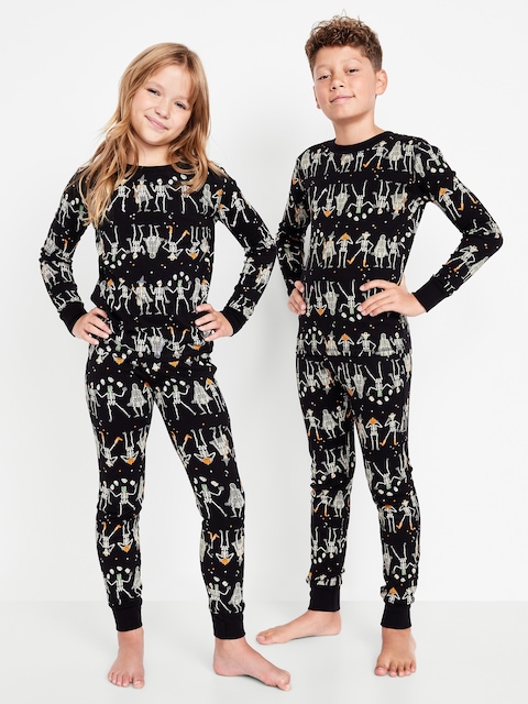 Printed Snug-Fit Graphic Pajama Set for Girls - Skeleton Black (Match The Fam!)