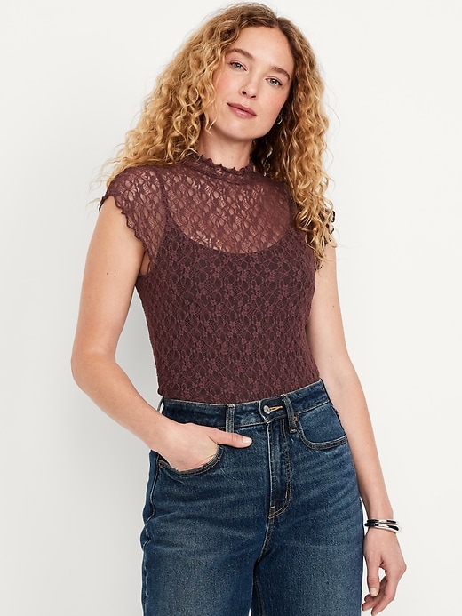Image number 1 showing, Mock-Neck Lace Top