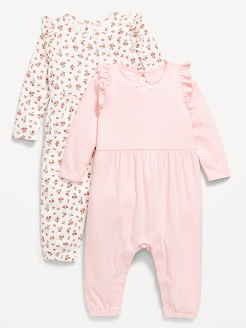 Printed Long-Sleeve Ruffle-Trim One-Piece 2-Pack for Baby - White Ditsy Floral