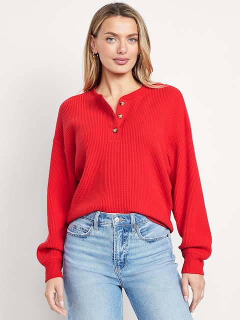 Oversized Cozy Waffle Henley Top - Amaryllis