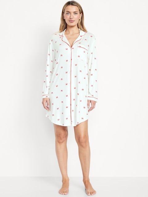 Long-Sleeve Knit Sleep Shirt - Red Bows