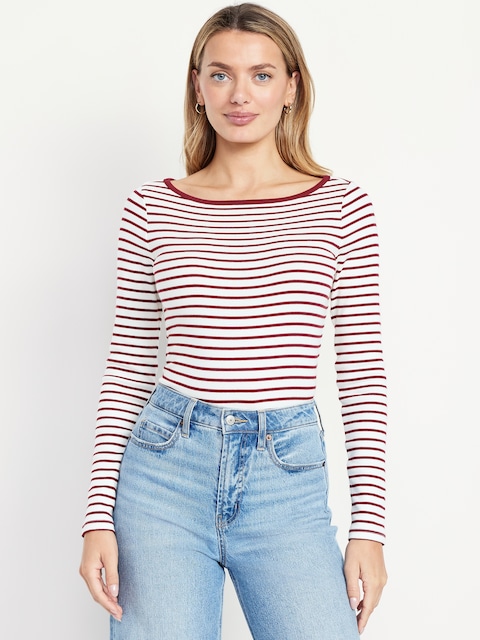 Snug Long-Sleeve Boat-Neck T-Shirt - Red Stripe