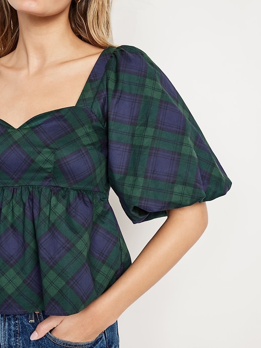 Image number 4 showing, Puff-Sleeve Plaid Poplin Peplum Top