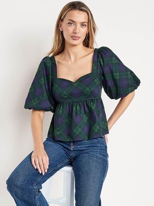 Puff-Sleeve Plaid Peplum Top