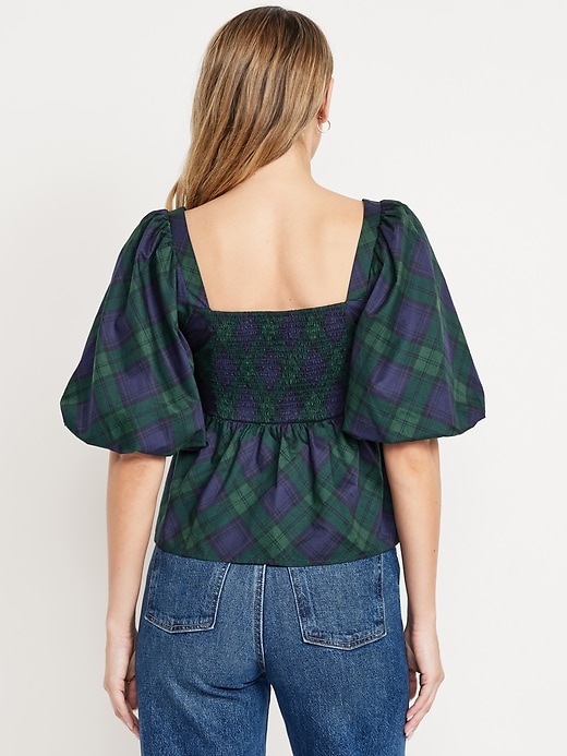 Puff-Sleeve Plaid Peplum Top