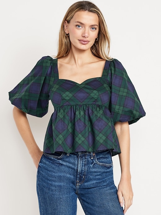 Image number 1 showing, Puff-Sleeve Plaid Poplin Peplum Top