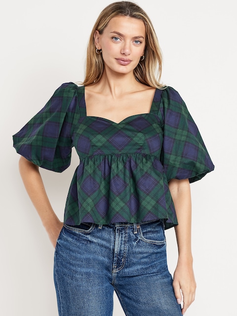 Puff-Sleeve Plaid Poplin Peplum Top