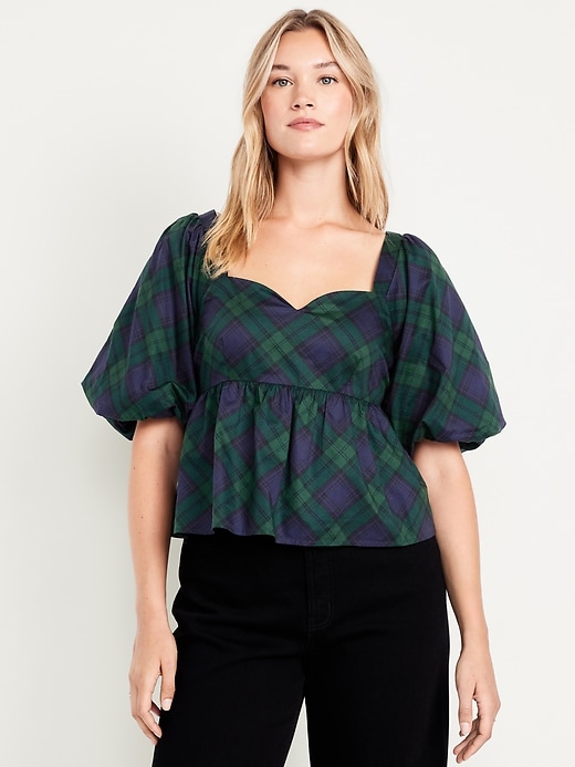 Image number 5 showing, Puff-Sleeve Plaid Poplin Peplum Top