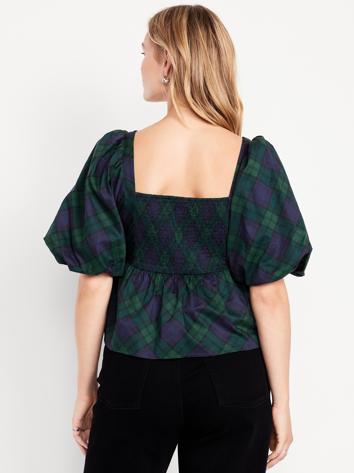 Puff-Sleeve Plaid Poplin Peplum Top | Old Navy