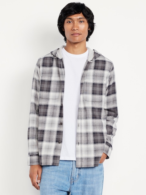 Hooded Plaid Flannel Shirt - Gray Oyster