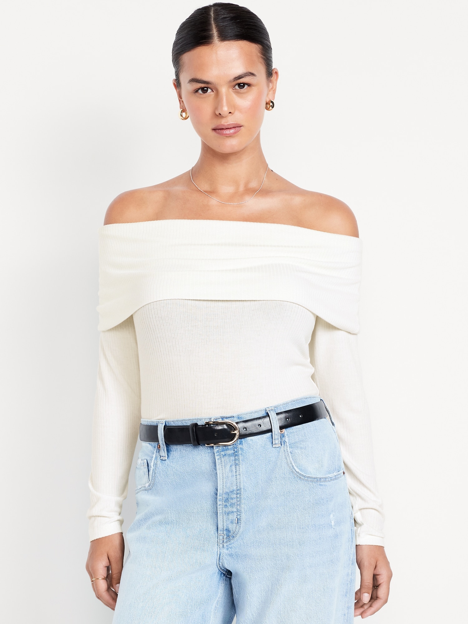 Off-Shoulder Long-Sleeve Ribbed Top