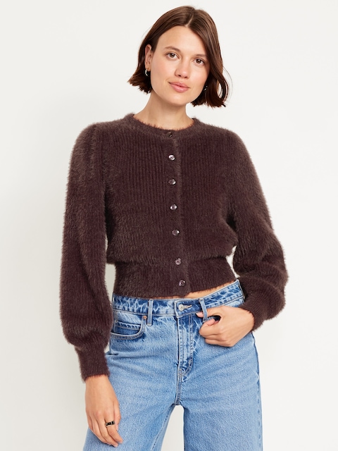 Cropped Eyelash Cardigan Sweater - Boxwood