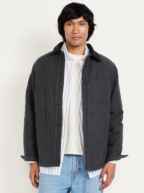 Sherpa-Lined Quilted Flannel Shacket - Dark Heathered Gray