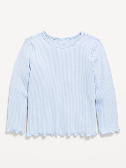 Long-Sleeve Lettuce-Edge Ribbed T-Shirt for Toddler Girls - Rock Pool