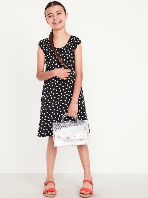 Printed Short-Sleeve Henley Dress for Girls - Black Dots