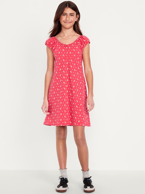 Printed Short-Sleeve Henley Dress for Girls - Red Floral