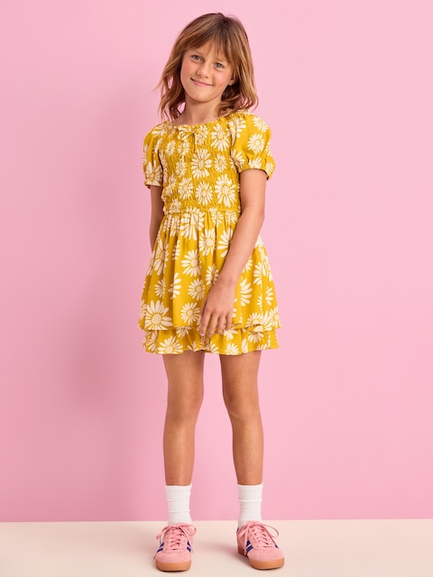 Printed Puff-Sleeve Smocked Dress for Girls - Bold Floral