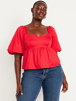 Puff-Sleeve Plaid Poplin Peplum Top | Old Navy