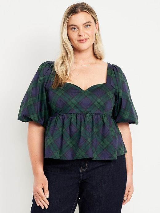 Image number 7 showing, Puff-Sleeve Plaid Poplin Peplum Top