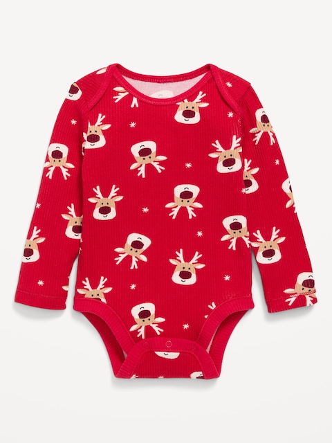 Printed Long-Sleeve Ribbed Unisex Bodysuit for Baby - Red Reindeer