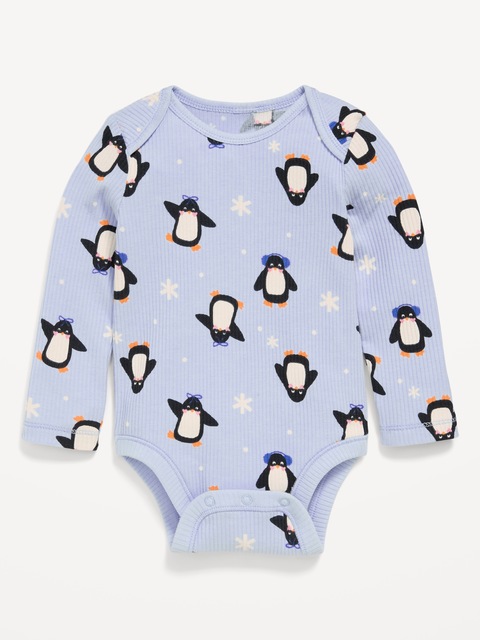 Printed Long-Sleeve Ribbed Unisex Bodysuit for Baby - Penguins