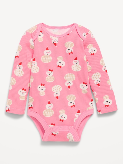 Printed Long-Sleeve Ribbed Bodysuit for Baby - Girl Snowman
