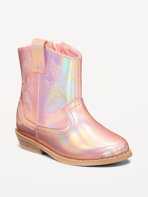 Shiny Side-Zip Western Boots for Toddler Girls - Pink Metallic