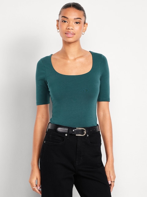 Double-Layer Elbow-Sleeve Scoop-Neck T-Shirt - Jet Stream