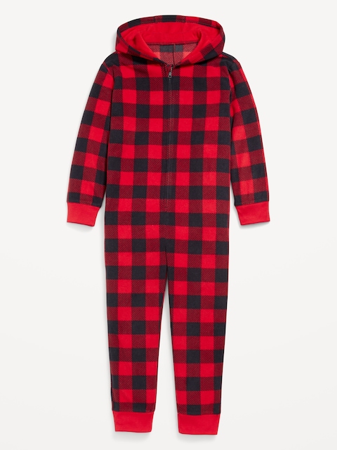 Pyjama une-pièce à capuchon en micromolleton unisexe pour enfant - Grands Carreaux Rouges Et Noirs