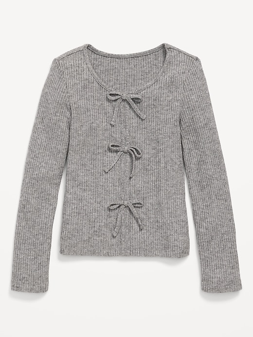 L'image numéro 2 présente Haut ajusté côtelé à manches longues et à boucles pour fille