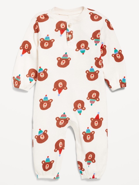Printed Long-Sleeve Henley Waffle-Knit One-Piece for Baby - Bears 3