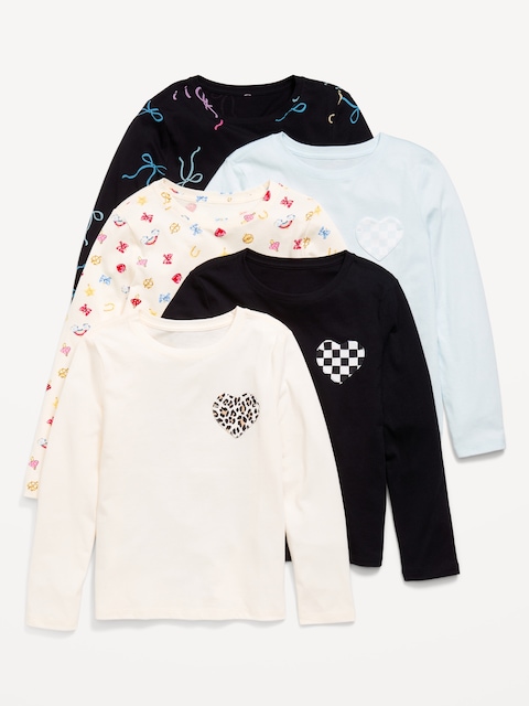 Softest Long-Sleeve Heart-Pocket T-Shirt 5-Pack for Girls