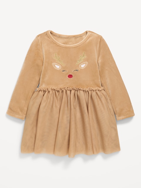 Long-Sleeve Fit and Flare Velour Holiday Tutu Dress for Baby - Maple Glazed