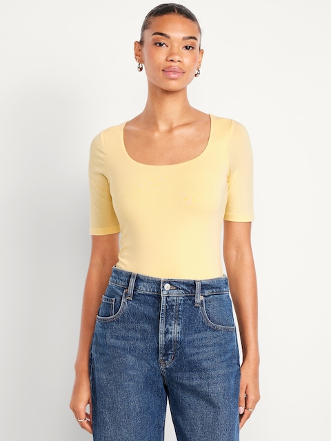 Fitted Double-Layer Elbow-Sleeve Scoop-Neck Top - Sweet Butter