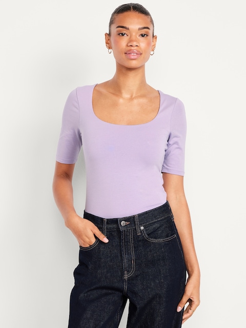 Double-Layer Elbow-Sleeve Scoop-Neck T-Shirt - Spring Wisteria