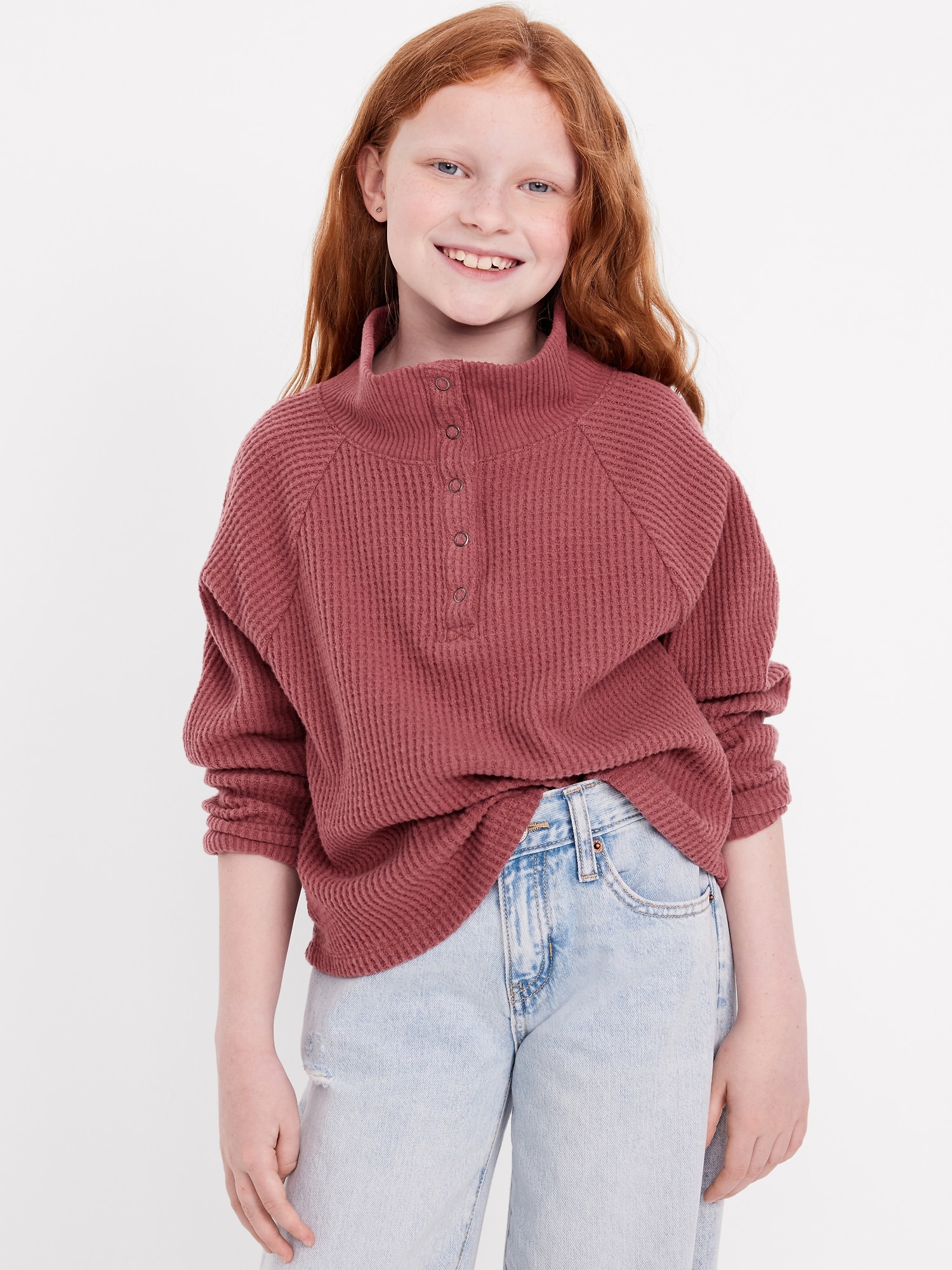 CozePlush Waffle-Knit Henley Top for Girls