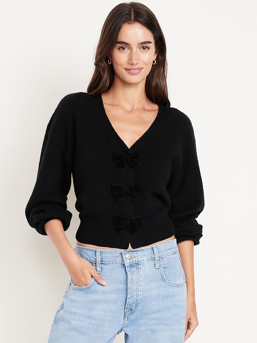 Image number 1 showing, SoSoft V-Neck Bow-Front Cardigan Sweater