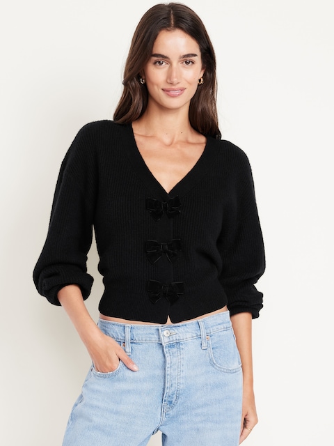 SoSoft V-Neck Bow-Front Cardigan Sweater - Black Jack