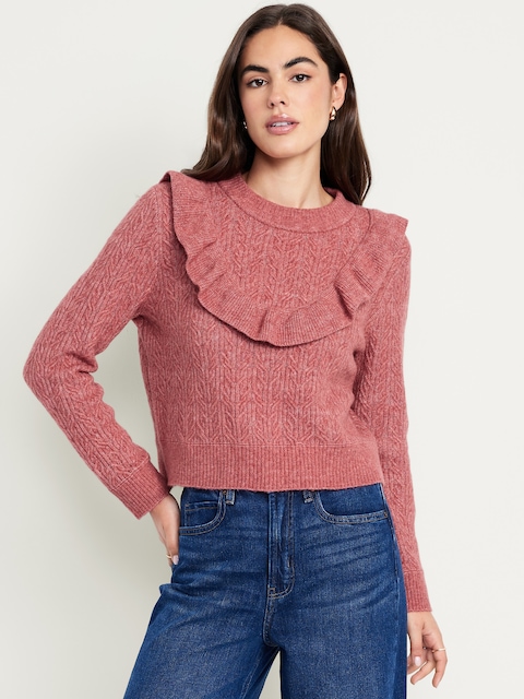 Wool-Blend Cropped Ruffle Sweater - Mauverose