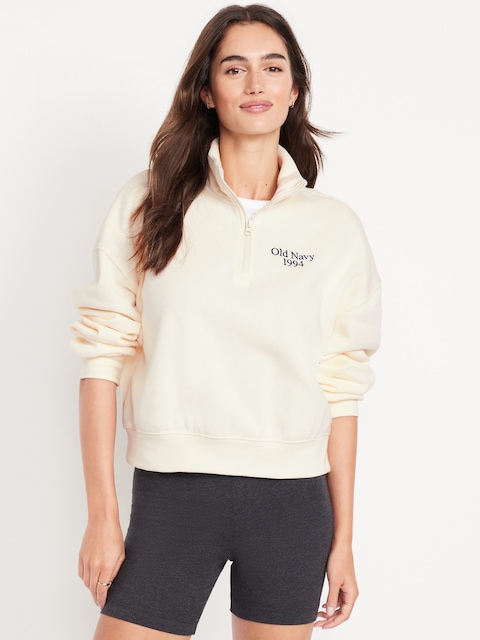 Oversized Logo-Graphic Cropped Half-Zip Pullover - Creme De La Creme