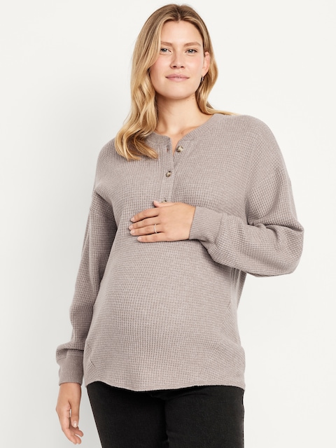 Haut henley surdimensionné en tricot gaufré douillet de maternité - Champignon