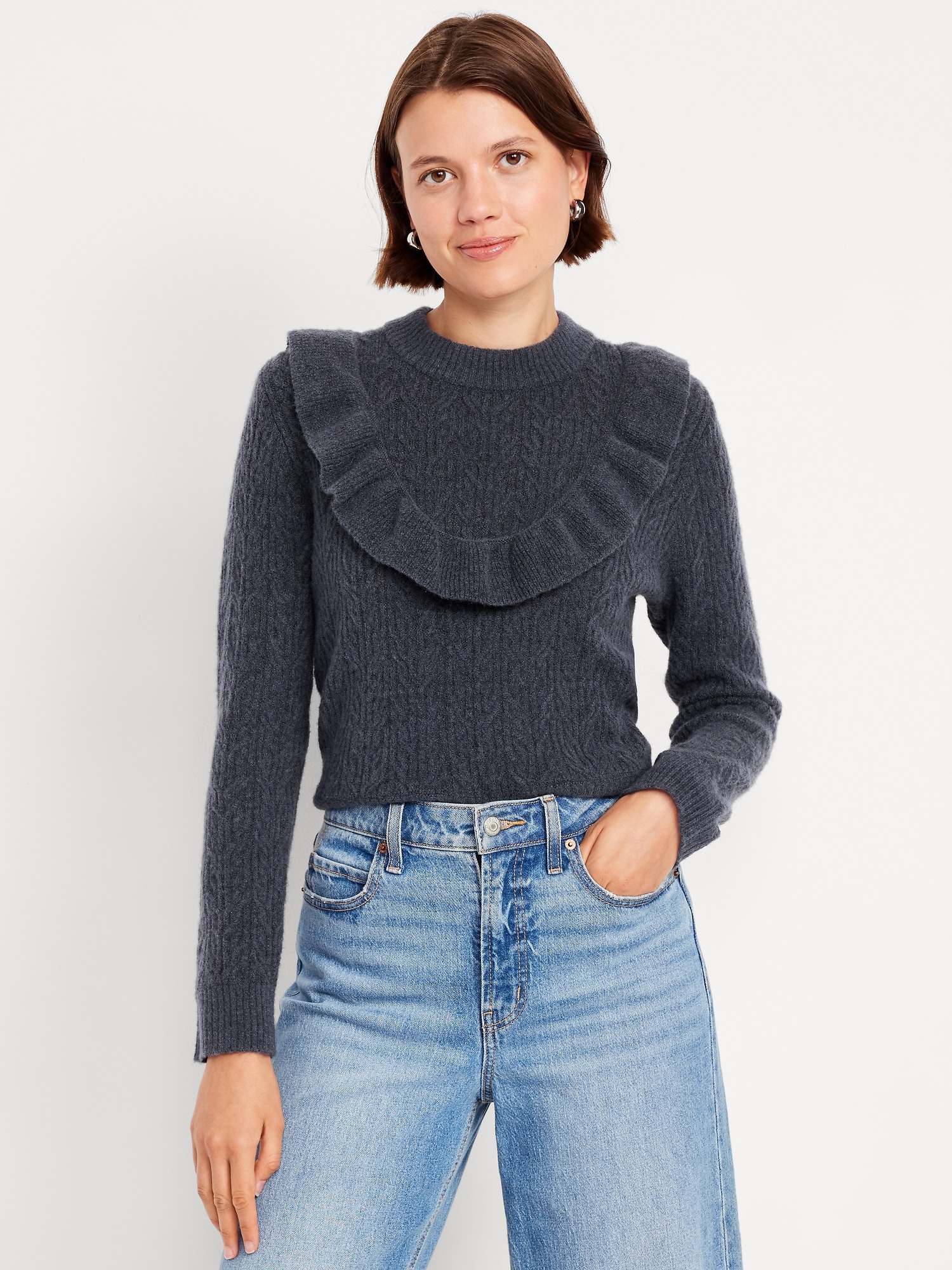 Wool-Blend Cropped Ruffle Sweater